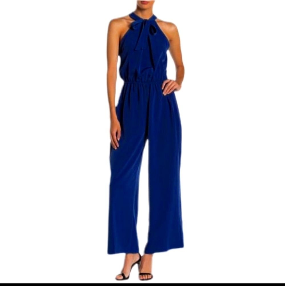 London Times Tie Neck Halter Jumpsuit